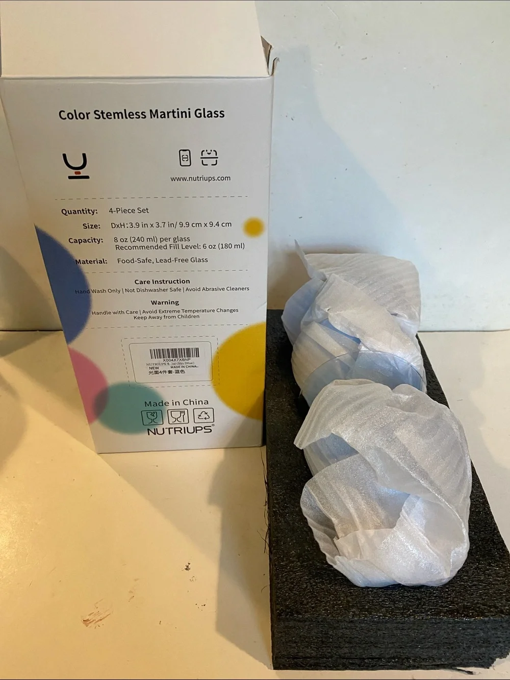 NIB Set of 4 Blue-Colored Stemless Martini Glasses